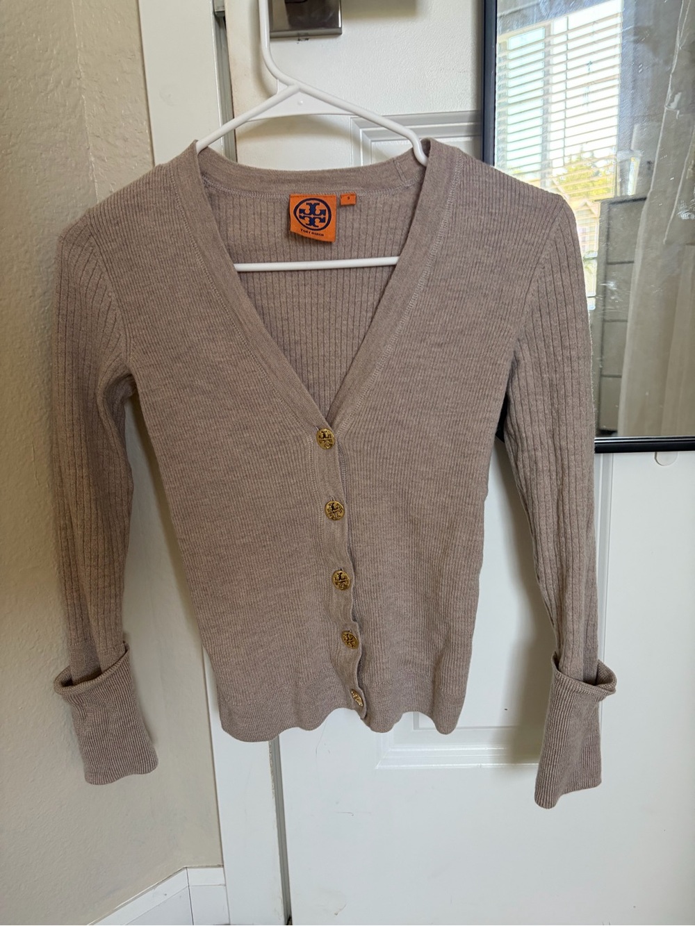 Tory Burch Taupe Ribbed V-Neck Button Cardigan